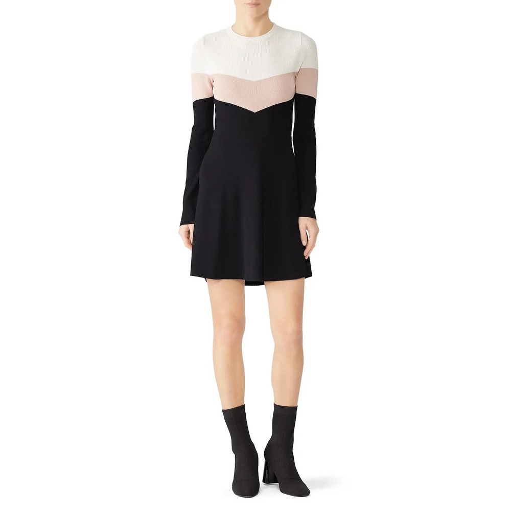 Red Valentino White Black Blush Colorblock Long Sleeve Crew Sweater Mini Dress L